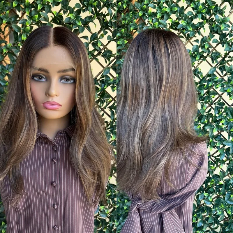 Glueless Wig With Baby Hair Ombre Dark Brown Blonde Highlights Synthetic HD Lace Front Wig Blend Human Hair Preplucked Hairline
