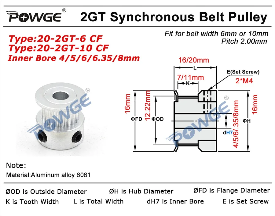 POWGE 2M/2GT 20Teeth 120Teeth Synchronous Timing Pulley bore 5mm-25mm 20T:120T 1:6 Speed Ratio for 350-2GT Belt width 6/9mm Kit