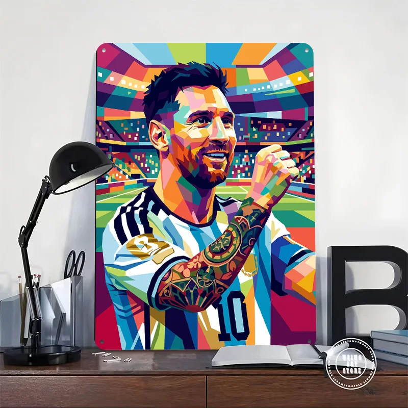 Lionel Messi Pop Art Portrait 3D Texture Printed Poster Custom Vintage Metal Tin Plate Sign for Wall Art Decor Luxury Wand Deko