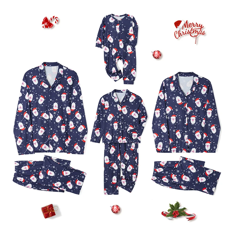 

Christmas Pajamas for Family Cute Santa Print Long Sleeve Button Down Shirt Pants Set Winter Sleepwear