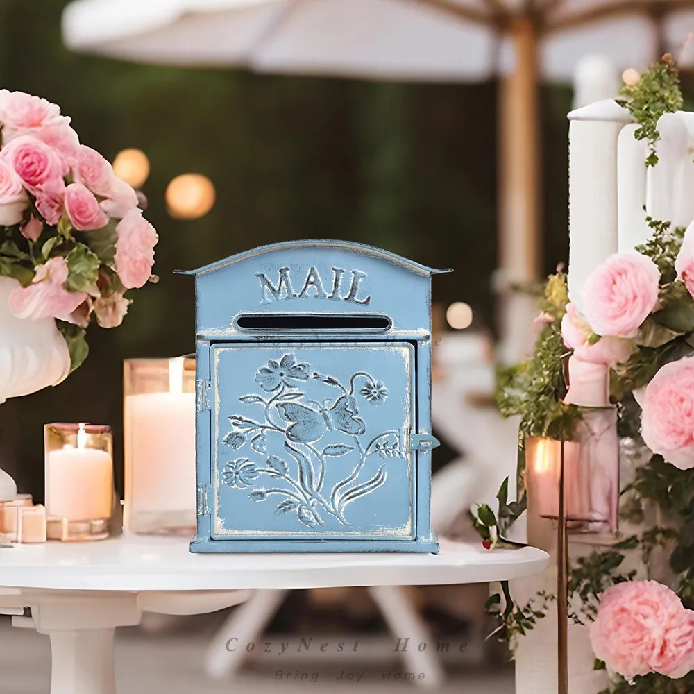 Blue three-dimensional relief mailbox, wrought iron retro garden wall-mounted mailbox, courtyard decoration suggestion box