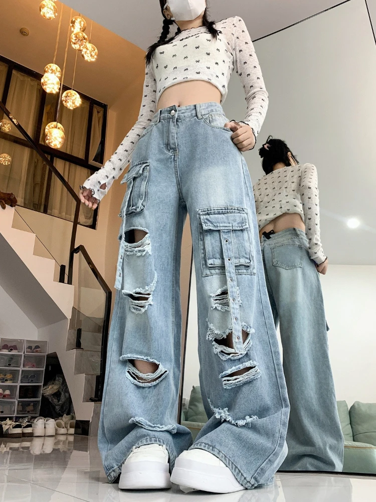 Designer Niche Women's Jeans with Ripped High-Street Workwear Vintage American Style Floor-Length Drape Straight-Leg Wide-Leg