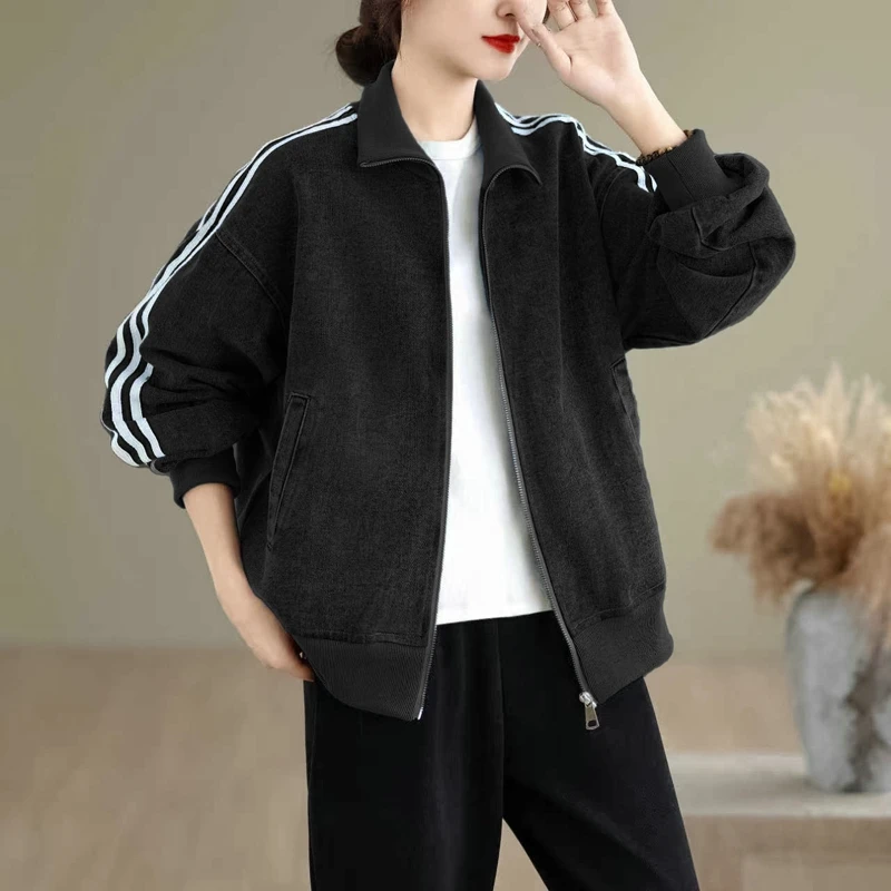 Chic coréen Sle ort Denim Jaet femmes couleur Pure fermeture éclair col montant t-shirt barres manteau trajet coton Polyester mélange