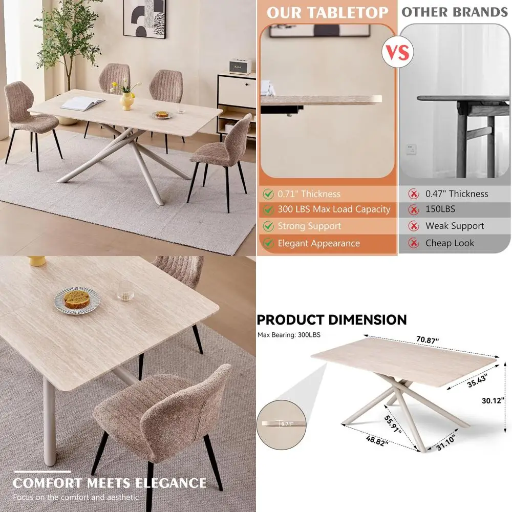 "طاولة طعام مستطيلة مقاس 70.8 بوصة تتسع لـ 4-6، قاعدة معدنية متقاطعة الأرجل، بلوزة منقوشة بالحجر، طاولة عشاء مطبخ حديثة"