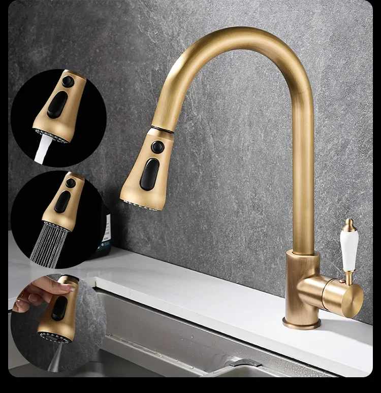 Antique-Style Brass Swivel Pull-Out Kitchen Tap for Sink Basins Vintage-Look Hot and Cold Water Tap