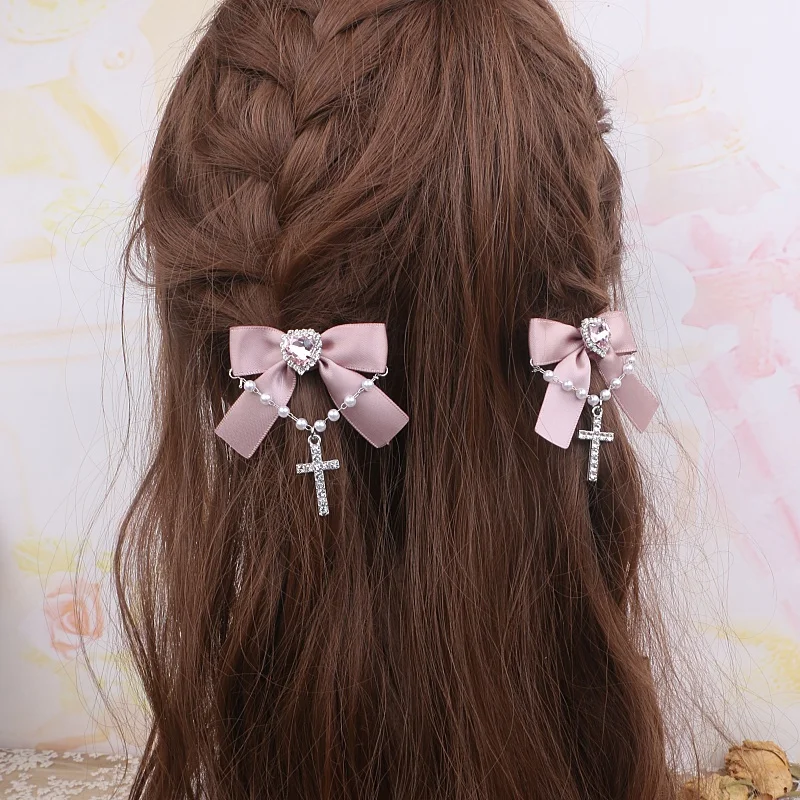 Accessories for Women Bow Hair Clips Rhinestones Cross Pendant Loria Bowknot Fashion Lolita Harajuku Y2K Girl Hair Pins