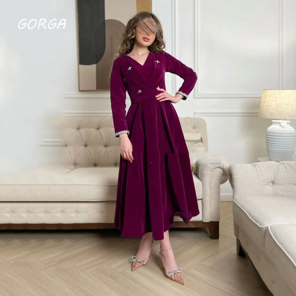 

GORGA V-Neck Beading Velour Evening Dresses Saudi Arabia A-LINE Long Sleeves Formal Occasion Dress Ankle-Length Party Gown