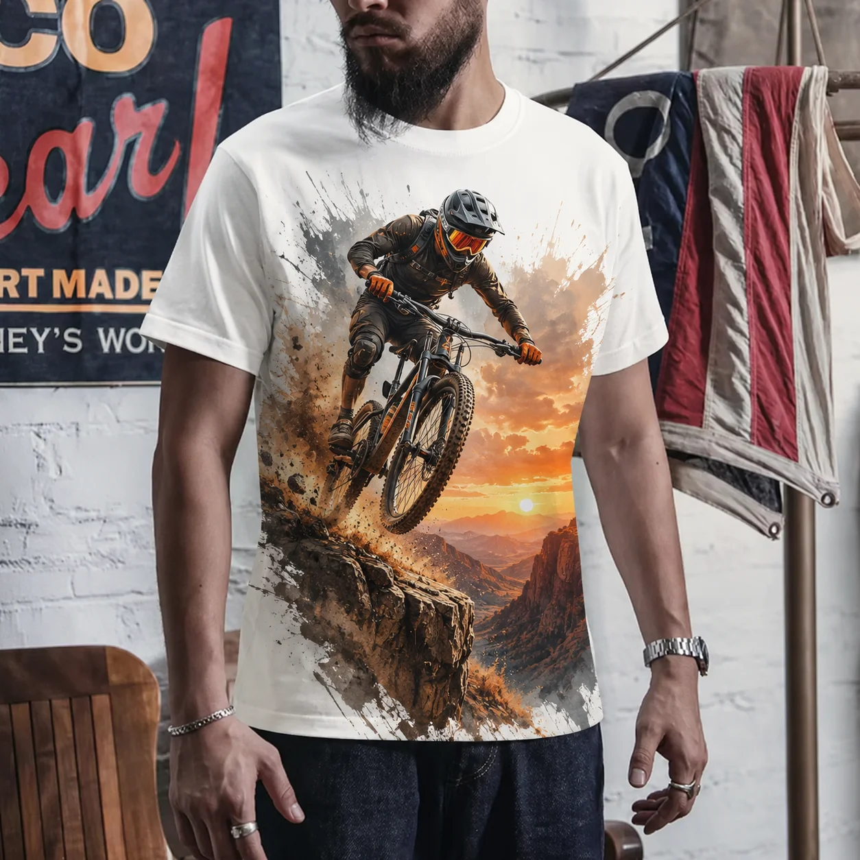 Men’s Mountain Bike Graphic T Shirt Forest Downhill Rider Watercolor Print Short Sleeve Crew Neck Casual Sports Cycling Tee