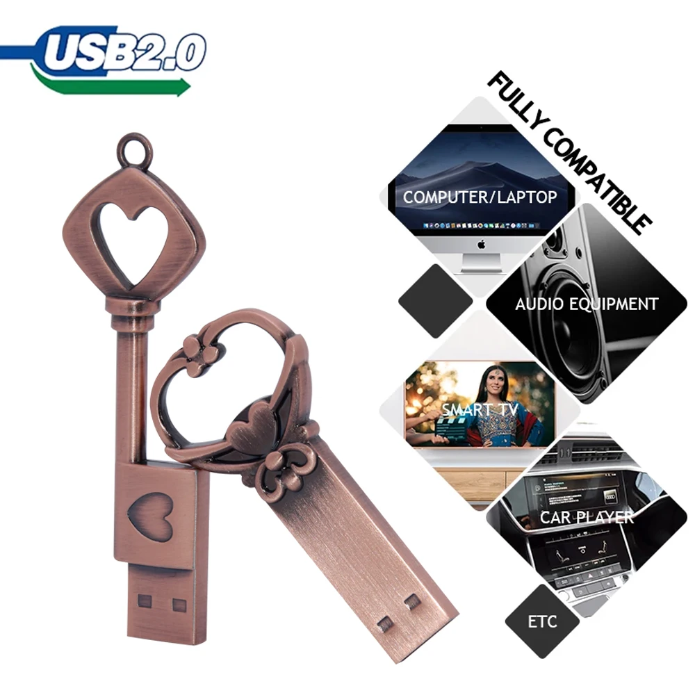 10 unids/lote de unidad flash usb con forma de corazón de amor de cobre, unidad flash de 4gb, 8gb, 32gb, 64gb, llaves de metal, memoria Stick, regalo de boda