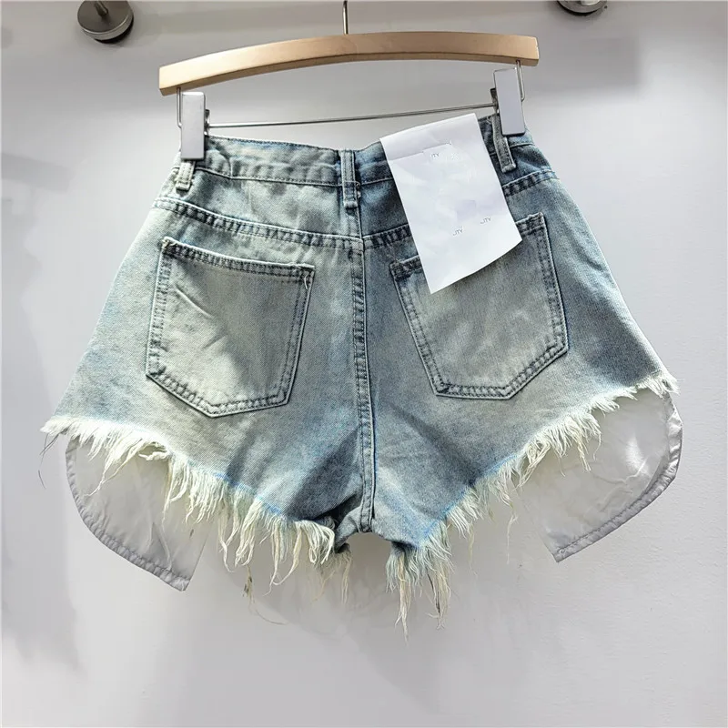 2025 Summer New Women's Pink Hole Denim Shorts High Waist Slimming Spicy Girl A-line Ragged Edge Shorts