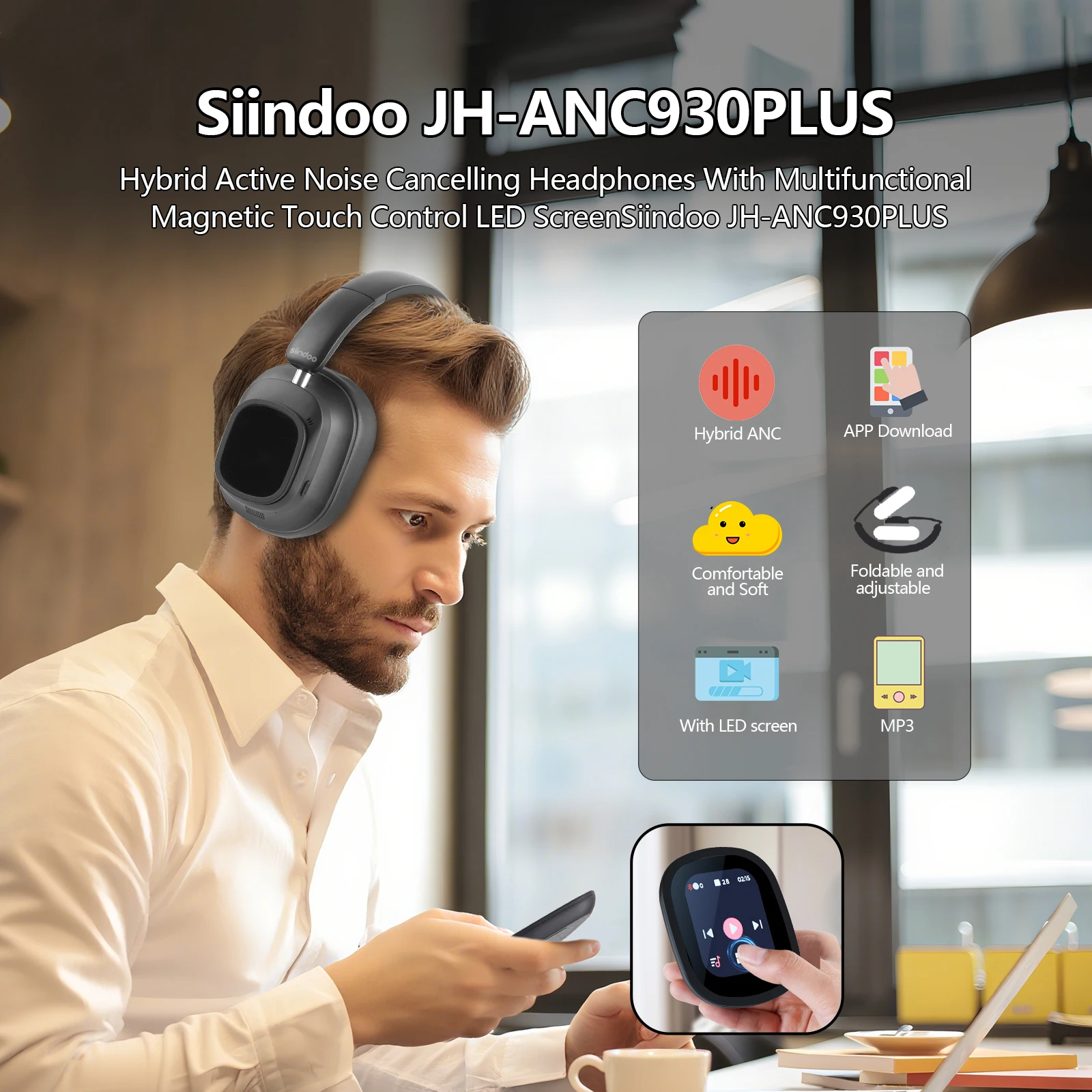 

Siindoo Hybrid ANC Wireless Headphone ANC930Plus Gunmetal With Multi Magnetic Touch Control LED Screen AND APP Download 1GB MP3