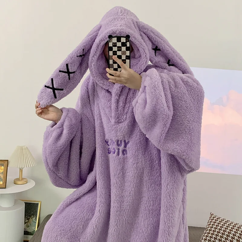 Flannel Hooded Home Clothes Loose Sleepwear Winter Women\'s Thick Coral Fleece One-Piece Nightgown Cute Big Gown Lounge Wear