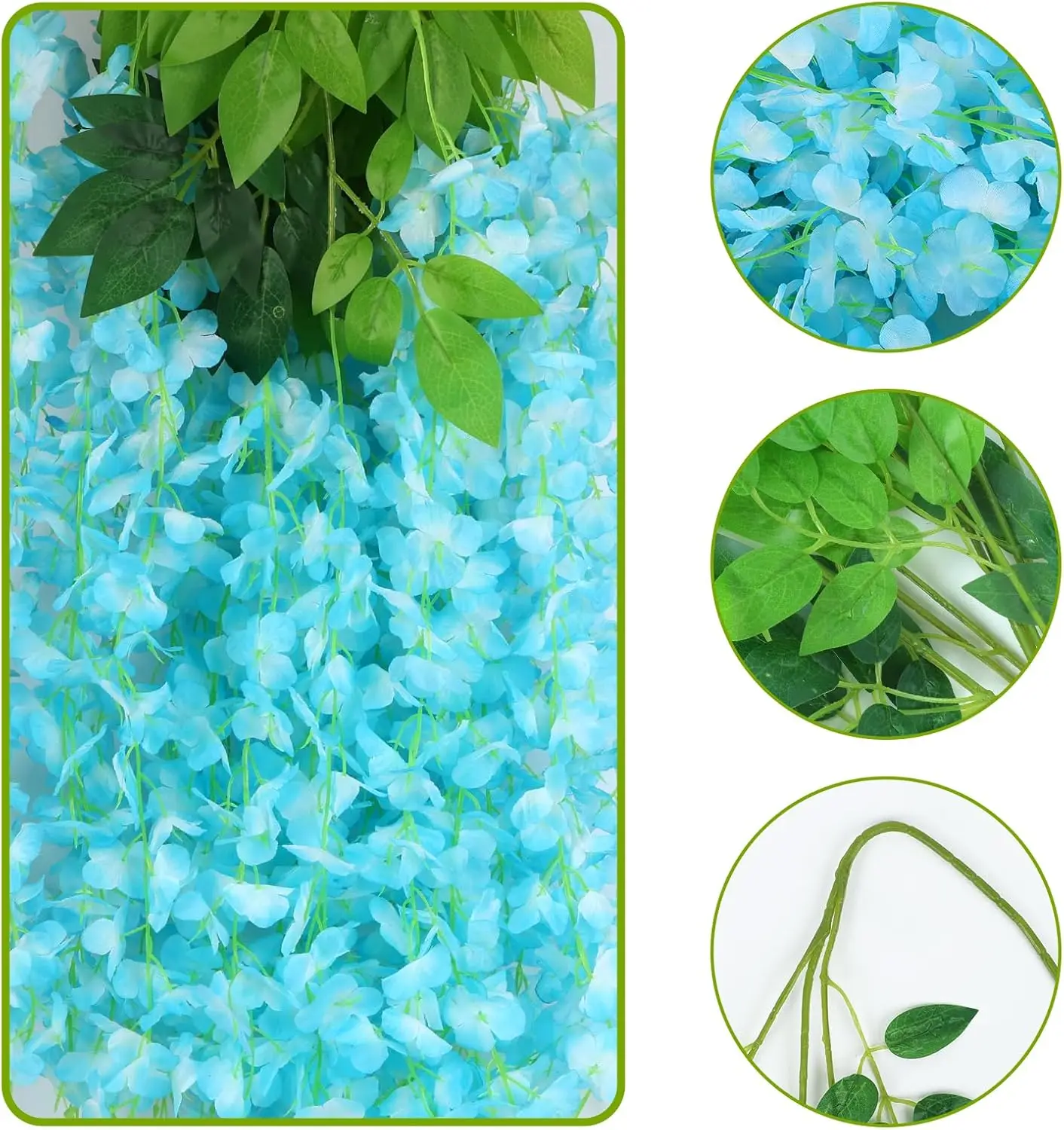 24 قطعة من زهور الوستارية المعلقة. 7 أقدام من الكرمة الاصطناعية سلسلة إكليل وهمية لحفلات الزفاف والحديقة الخارجية والخضرة لتزيين الحائط