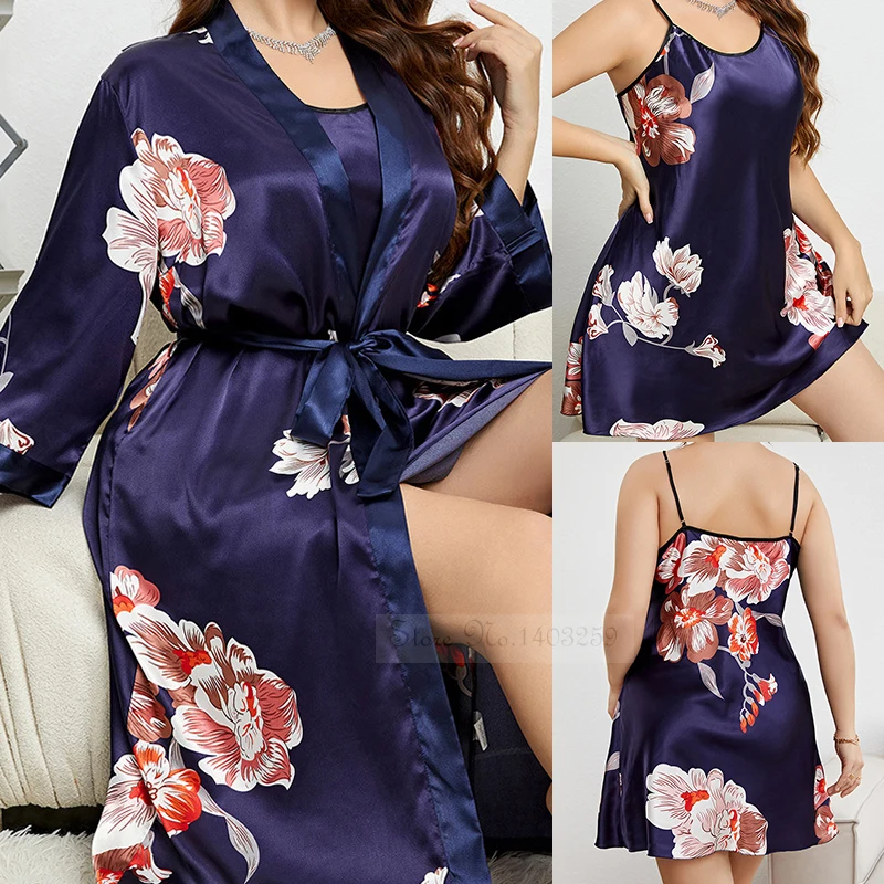 Large Size 5XL Female Long Robe Set Print Flower Kimono Bathrobe Gown Spring Summer Satin Sleepwear Nightdress Loose Home Wear