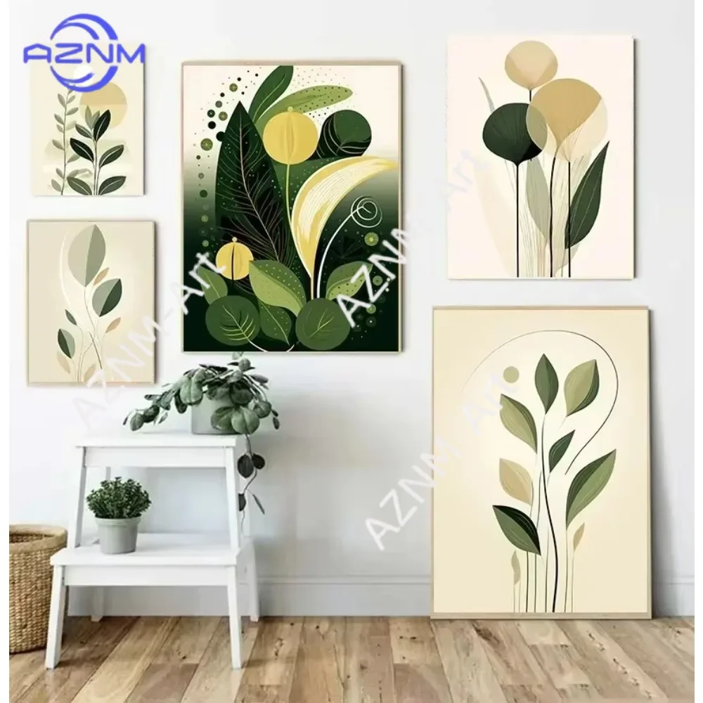 1 Stück Geometrische Pflanzen Grüne Blätter Ästhetisches Leinwandgemälde Poster und Drucke Wandkunst Bild für Wohnzimmerdekoration