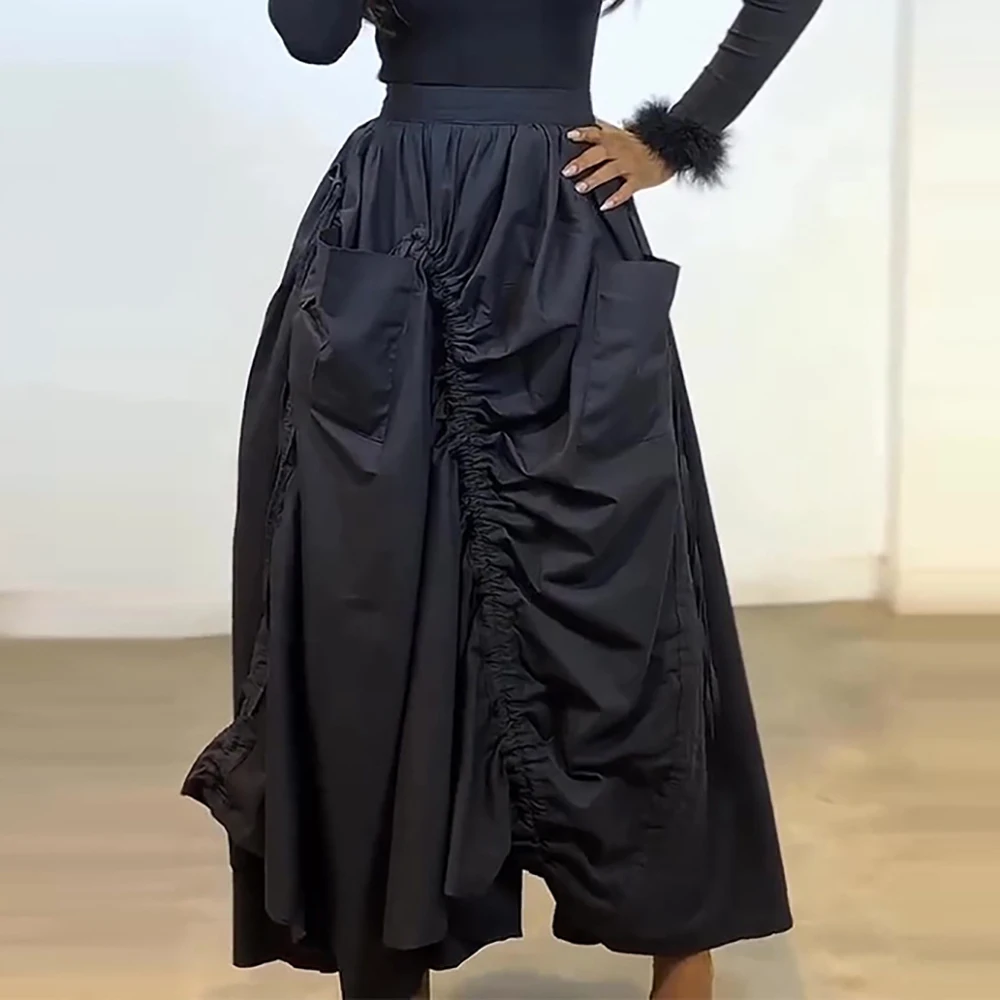 Women's Casual Black Drawstring Ruched Maxi Skirt Fashionable Ruched Big Pockets Irregular Hem Loose Streetwear Chic Long Skirt