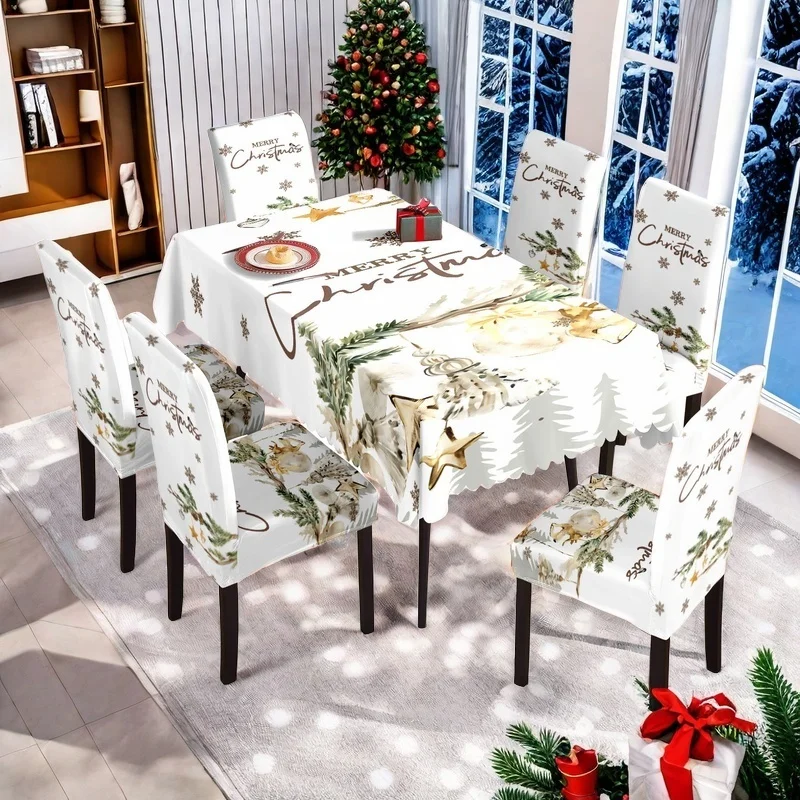 

1/7pcs Christmas decorative table and chair covers, festive living room decorations, elastic chair covers and tablecloths