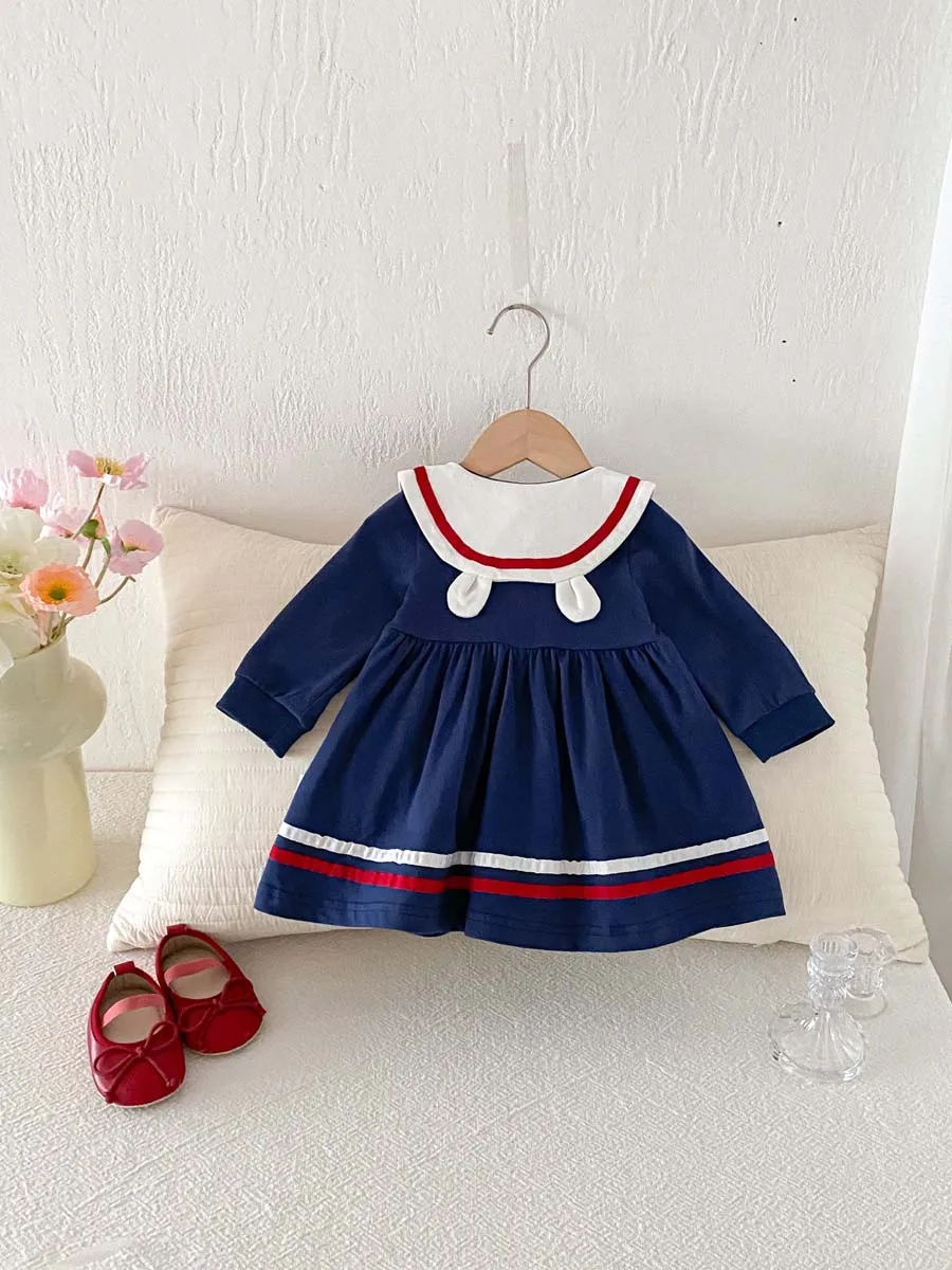 Girls' Spring and Autumn College Style Doll Collar Bow Dress, Cute Long-Sleeved Dress for Girls, Very Suitable for Parties and Outdoor Activities