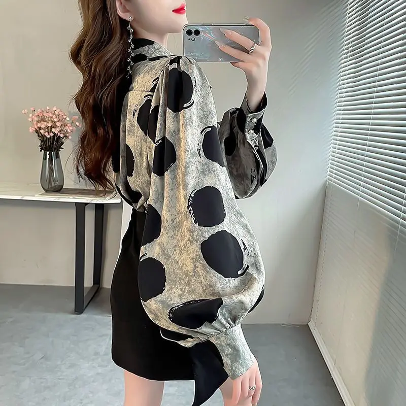 Office Lady Polka Dot Printed Blouse Women\'s Clothing Single-breasted Spring Autumn Lantern Sleeve Turn-down Collar Loose Shirt