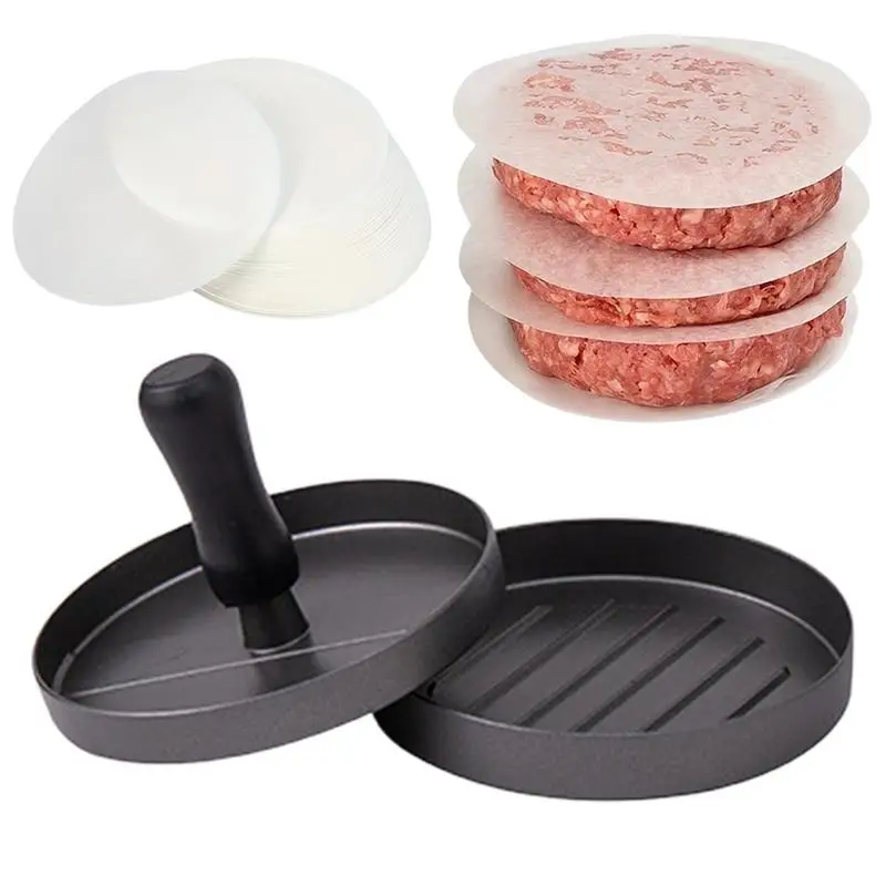 Burger Press Non-Stick Meat Patty Hamburger Maker for Making Stuffed Pocket Burgers for BBQ Grill With 100 Wax Paper