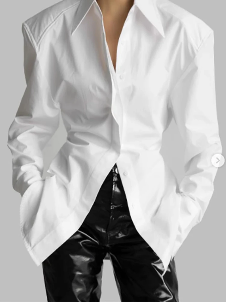 

White Loose Long Sleeve Women's Shirt Belt Design Spring Summer OL Style Commute Pure Color Collar Button up Top