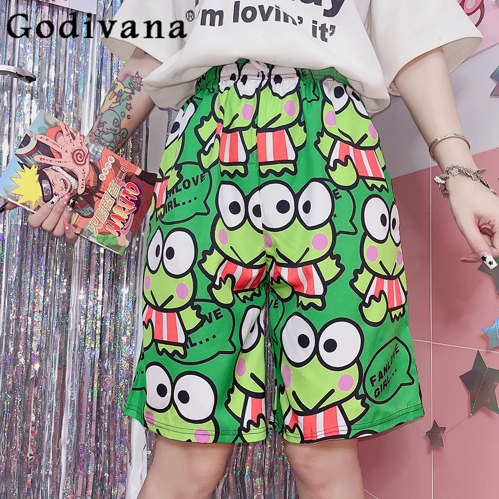 Preppy Streetwear Fashion All-Match Frog Cartoon Print Loose Shorts Women Harajuku Kawaii Y2k Shorts Five-Point Casual Shorts