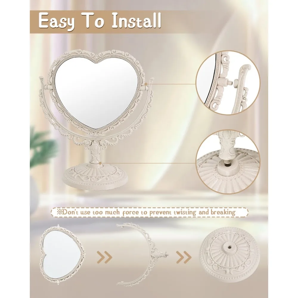 

Vintage Heart Mirror, Cute Coquette Room Decor Small Mirror with Stand, Vanity & Bathroom Double-Sided Rotating, Makeup Mirror