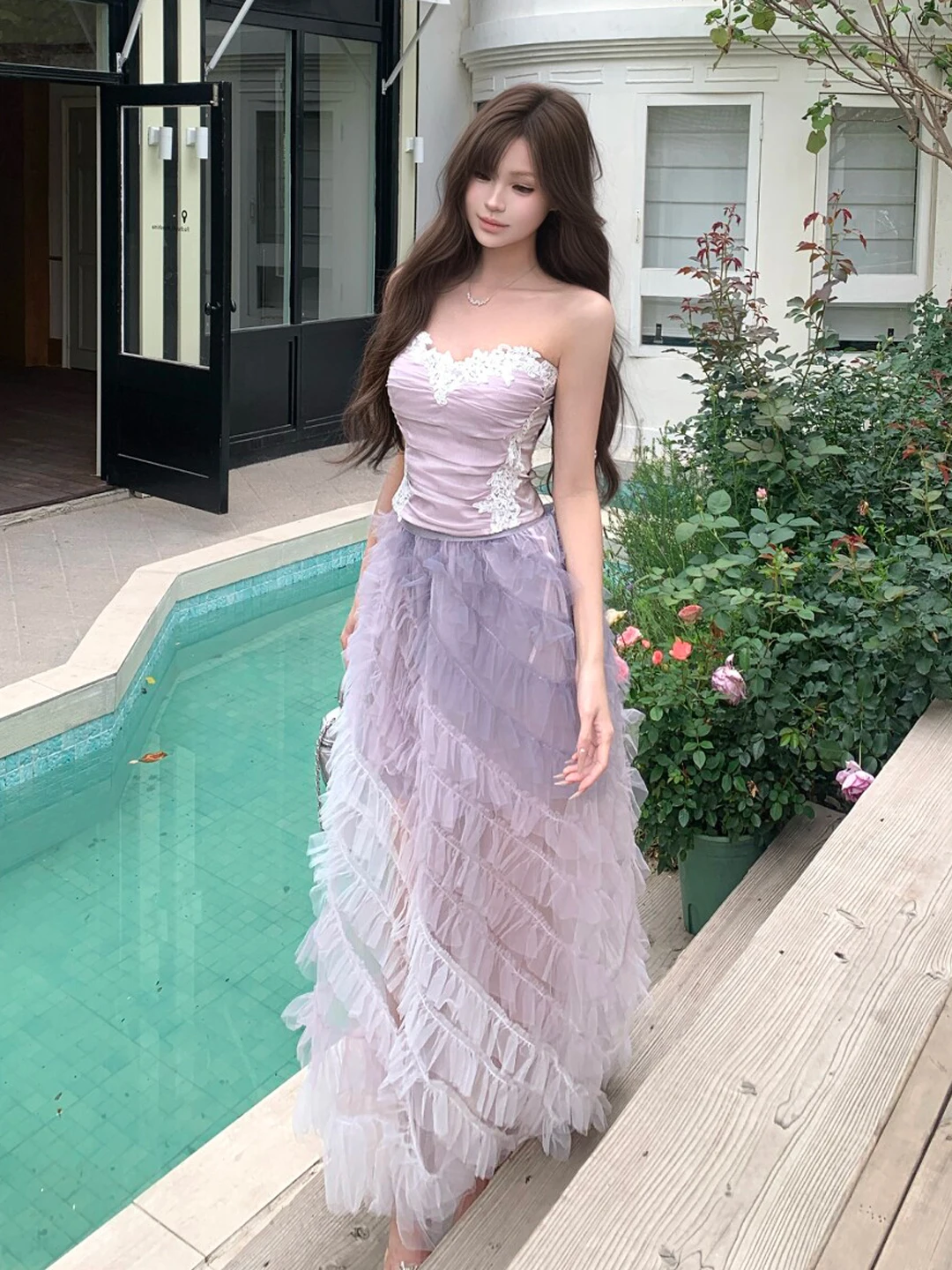 

Нежный летний комплект: топ из сетки и юбка с высокой талией, удобный, короткий, без рукавов, женский модный комплект из хлопка