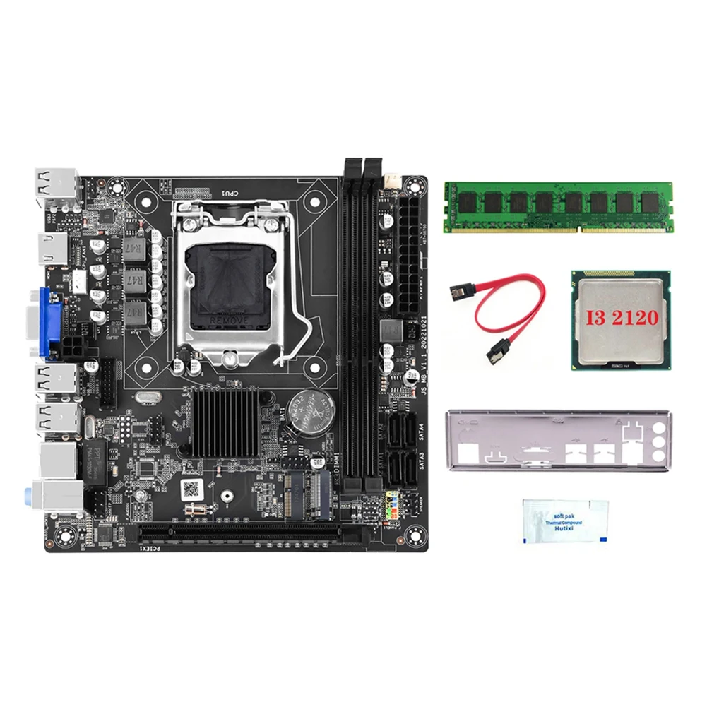 H61S (H61) LGA1155 Motherboard+I3 2120 CPU+4G DDR3 1600Mhz RAM+Thermal Grease+SATA Cable+Baffle Support 2XDDR3 RAM Slot