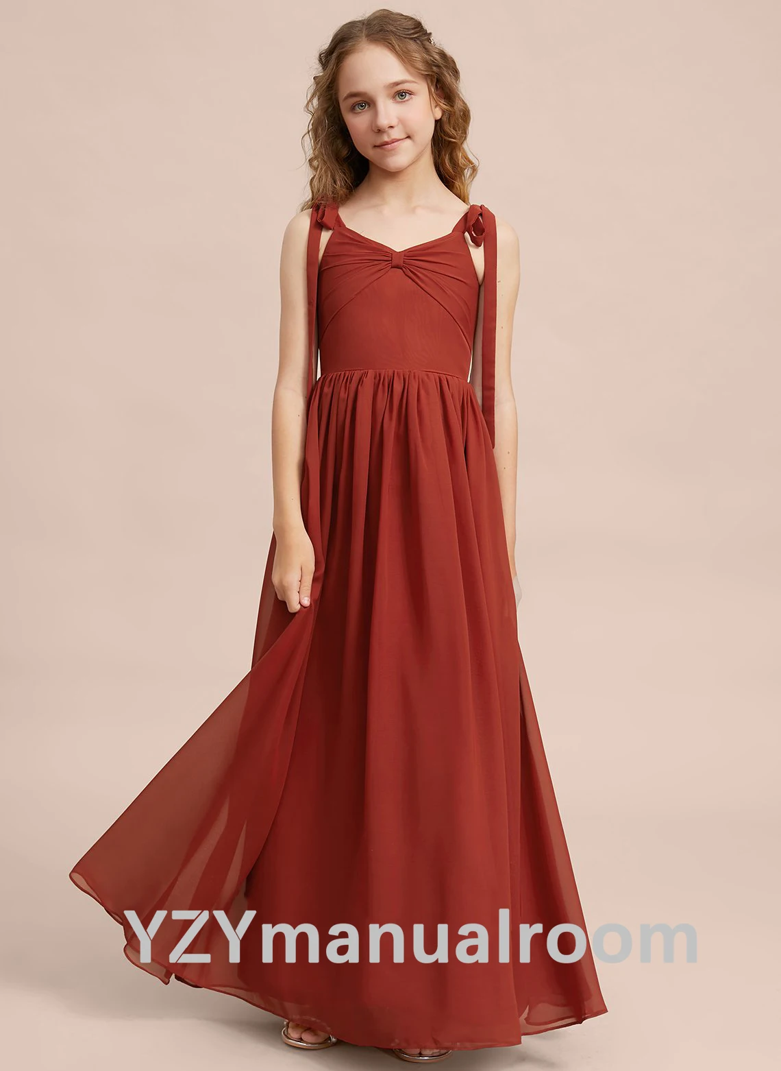 Girl dresses/dress/A-line V-Neck Floor-Length Chiffon Junior Bridesmaid Dress/Customizable