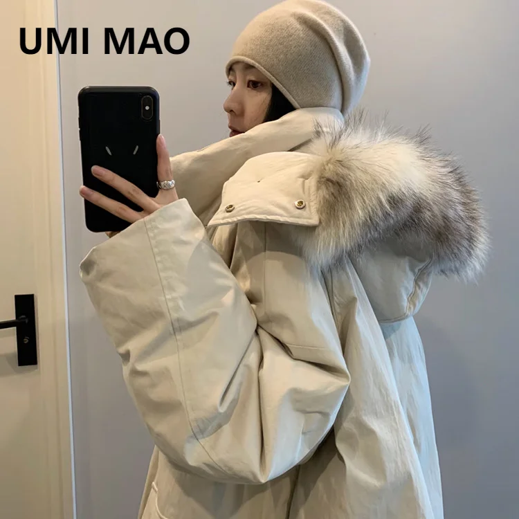 เสื้อแจ็คเก็ตดาวน์มีฮู้ดแต่งขนเฟอร์สีดำขนาดใหญ่ UMI MAO อุ่นสบาย ต้านทานความหนาวเย็น สไตล์เกาหลี หนา ใหญ่ สวยงาม สไตล์ตะวันตก
