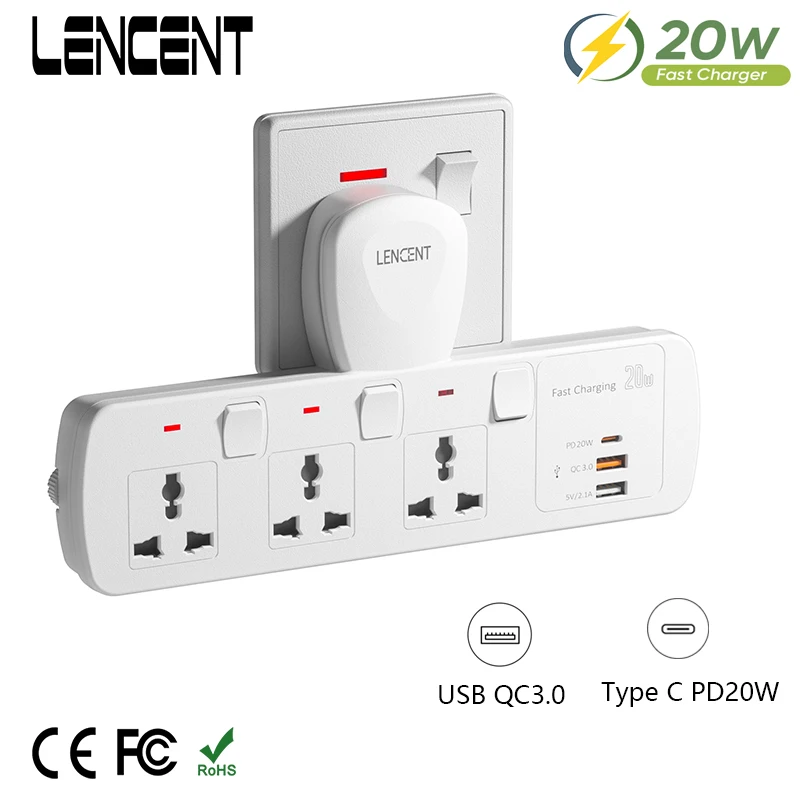 LENCENT Multi Extension Socket with 3 AC Outlet QC 3.0 USB Fast Charging  PD 20W Type C Plug Adapter with Switch for Home Office