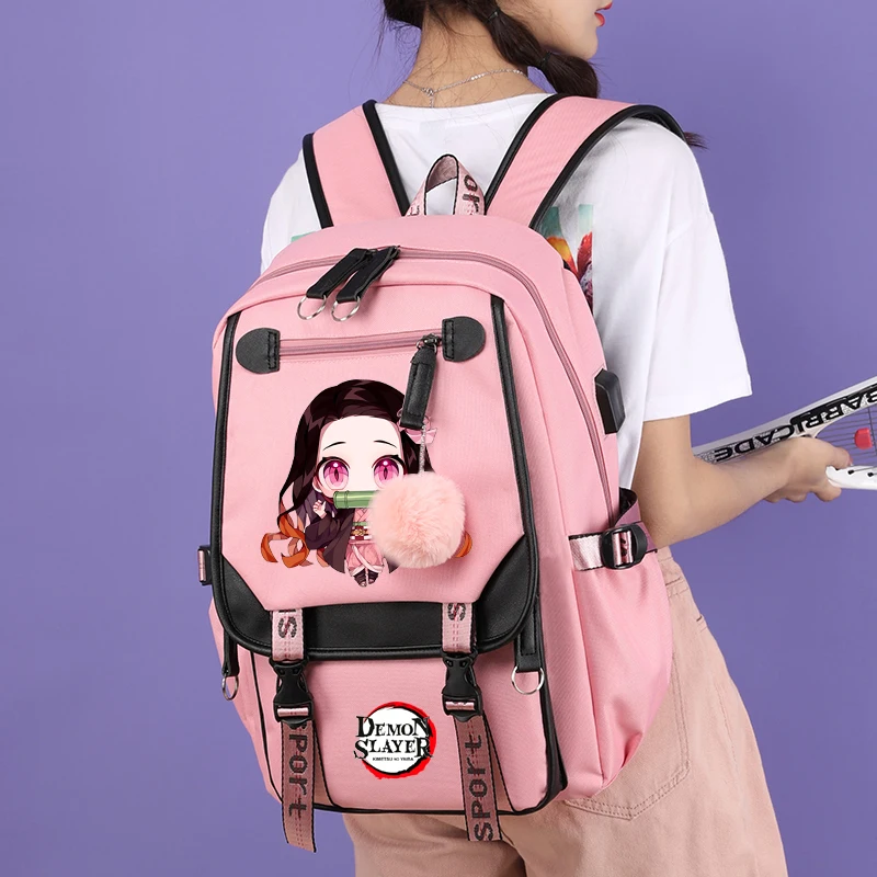 Ransel sekolah anak perempuan, ransel wanita kanvas, tas sekolah remaja, tas punggung Laptop, tas sekolah anak perempuan, ransel Demon Slayer, Anime Kamado Nezuko, 3 buah/set