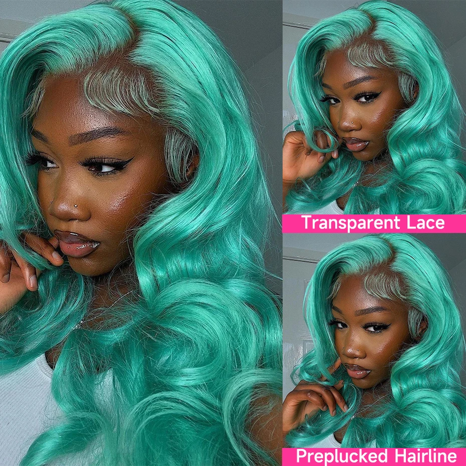 30 38 40 inch Teal Blue Colored Lace Front Human Hair Wigs Preplucked 13x6 Transparent Lace Frontal Wig Brazilian Turquoise Hair image 3