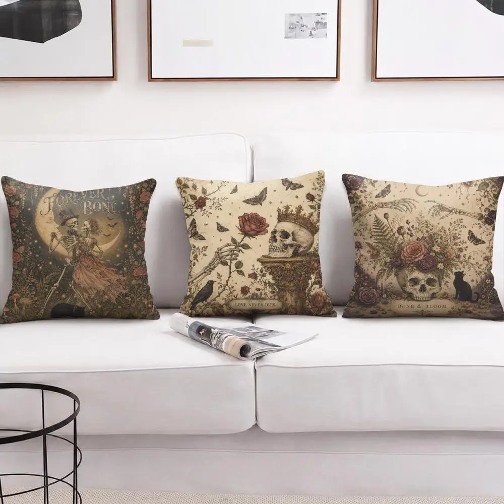 Gothic Skeleton Romance Cushion Cover Soft Short Plush Pillow Cover Smooth Cozy Texture Aesthetic Cushion Case Home Decor