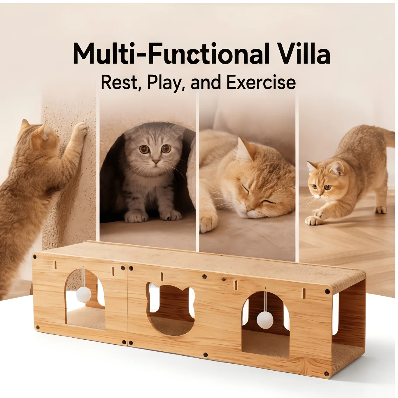 

39.37inch Large 3-In-1 Cat Scratch Tunnel Cat House with Vertical Scratch Posts And a Comfortable Resting Area. Made of High-Strength Corrugated Cardboard, It Is Lint-Free, Durable, And Suitable for Multi-Cat Households. Indoor Cat Furniture