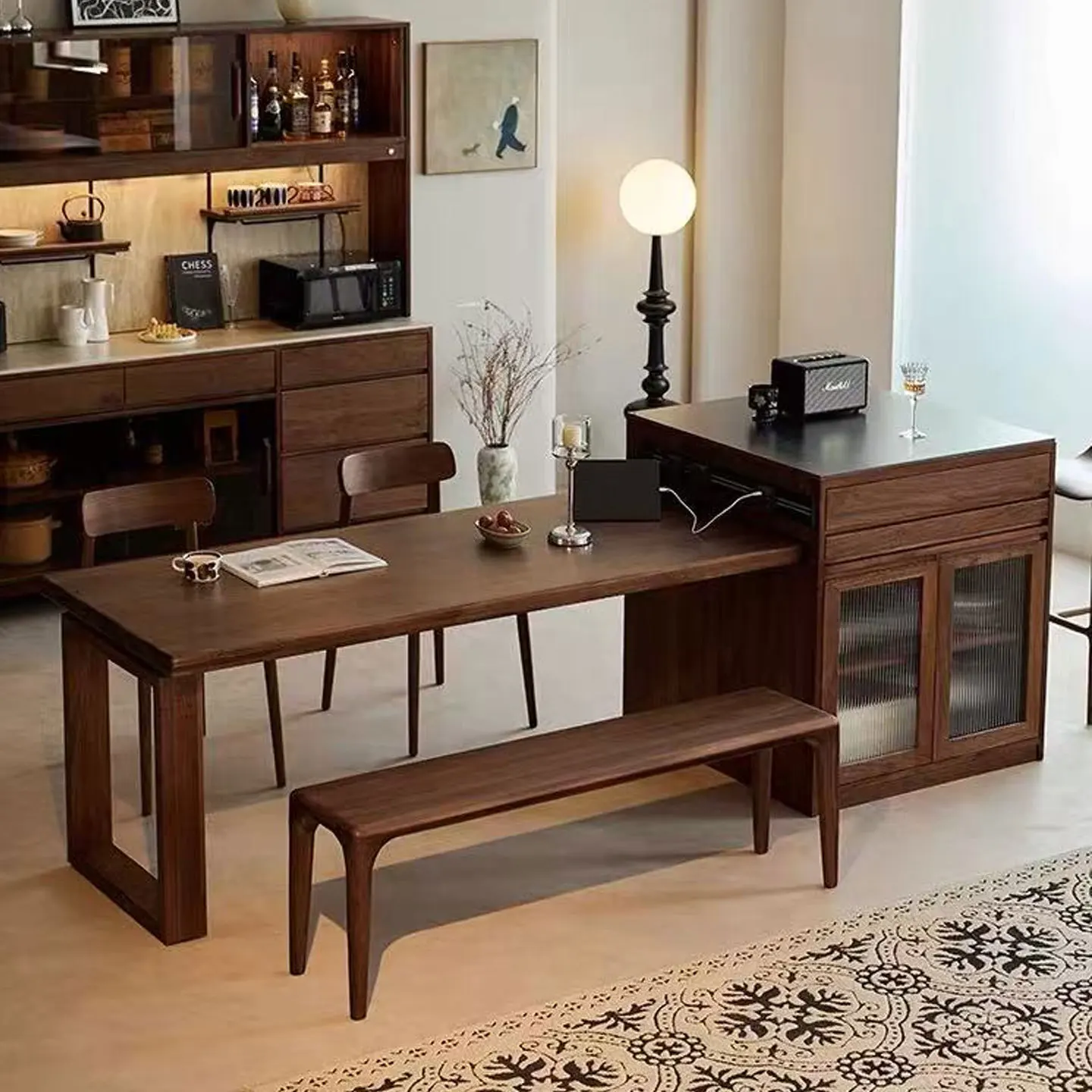 North American black walnut rock slab island dining table integrated household storage retractable bar table multi-functional