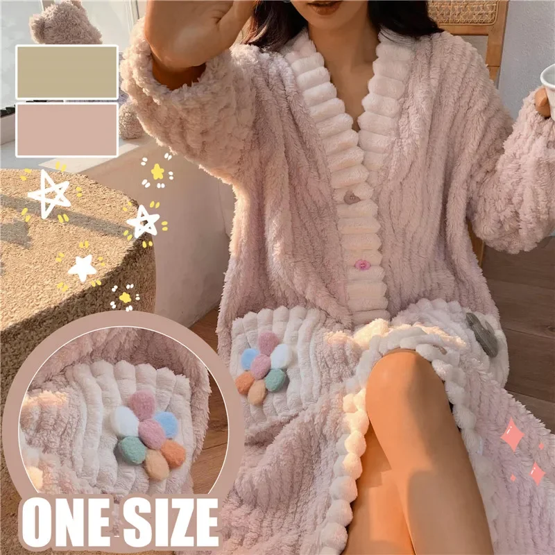 

Cute Nightgown And Winter Sweet Thickened Coral Women Fleece-Lined Fleece Flannel Pajamas And Nightdress X-long Autumn Winter