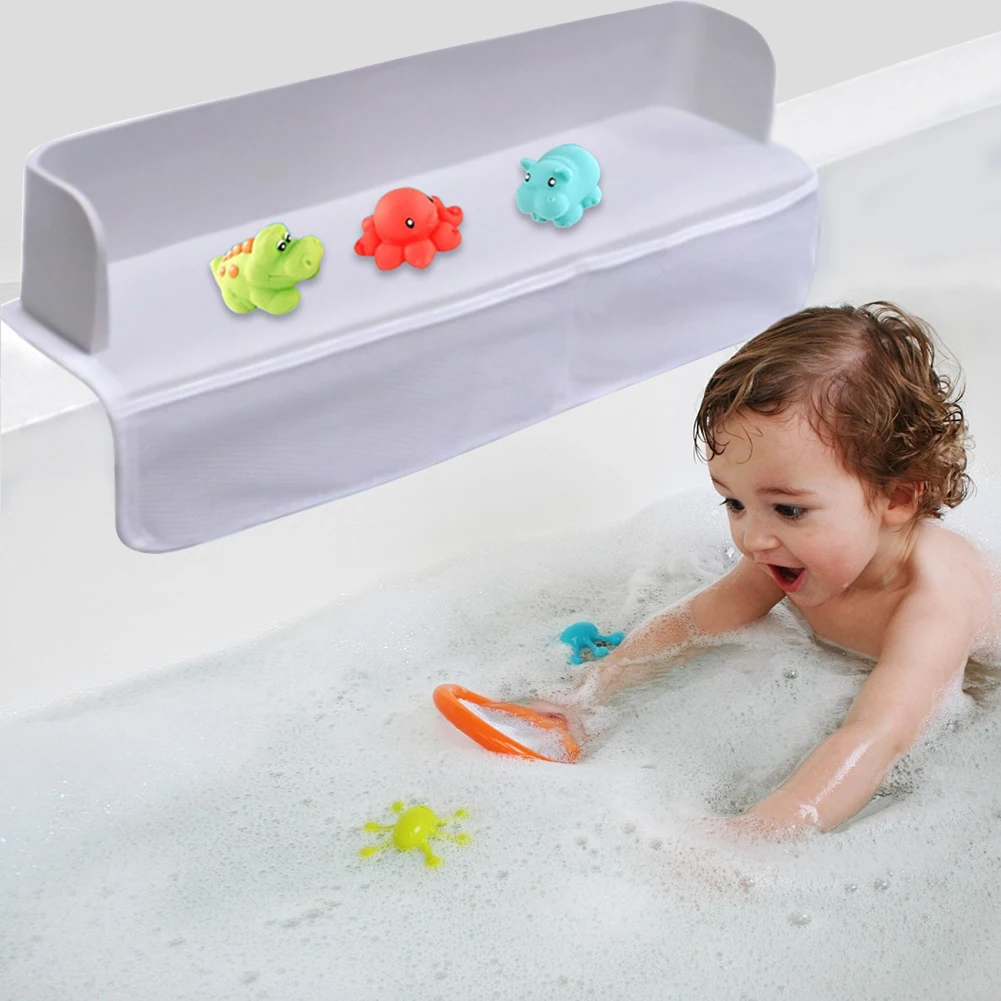 

Bathtub Splash Guard 8 Suction Cups Baby Bath Toy Storage Rack 4 Mesh Pockets Tub Shelf Bathtub Storage Rack for Bathroom