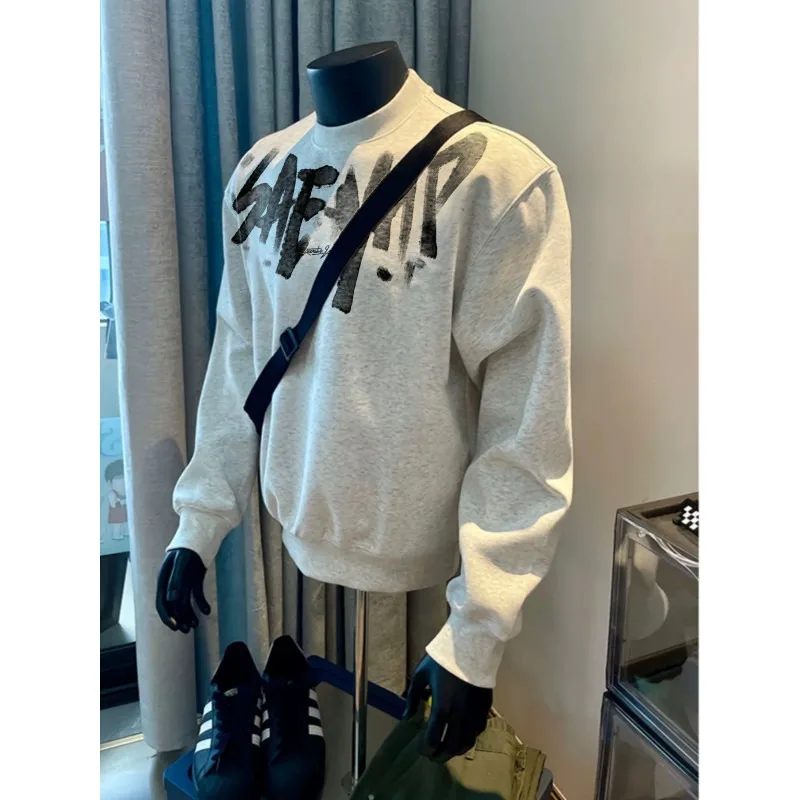 American Letter Print Plush Sweatshirt Men Autumn Winter 2025 New Oversize Loose Long sleeves Pullover Y2K Top Men Warm clothing