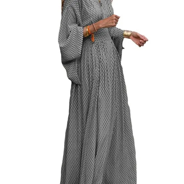Vintage Boho Women's Casual Dress Sping Fall Fashion V-neck Lantem Sleeve Folds Waist Loose Maxi Streetwear Loose Robe Femme