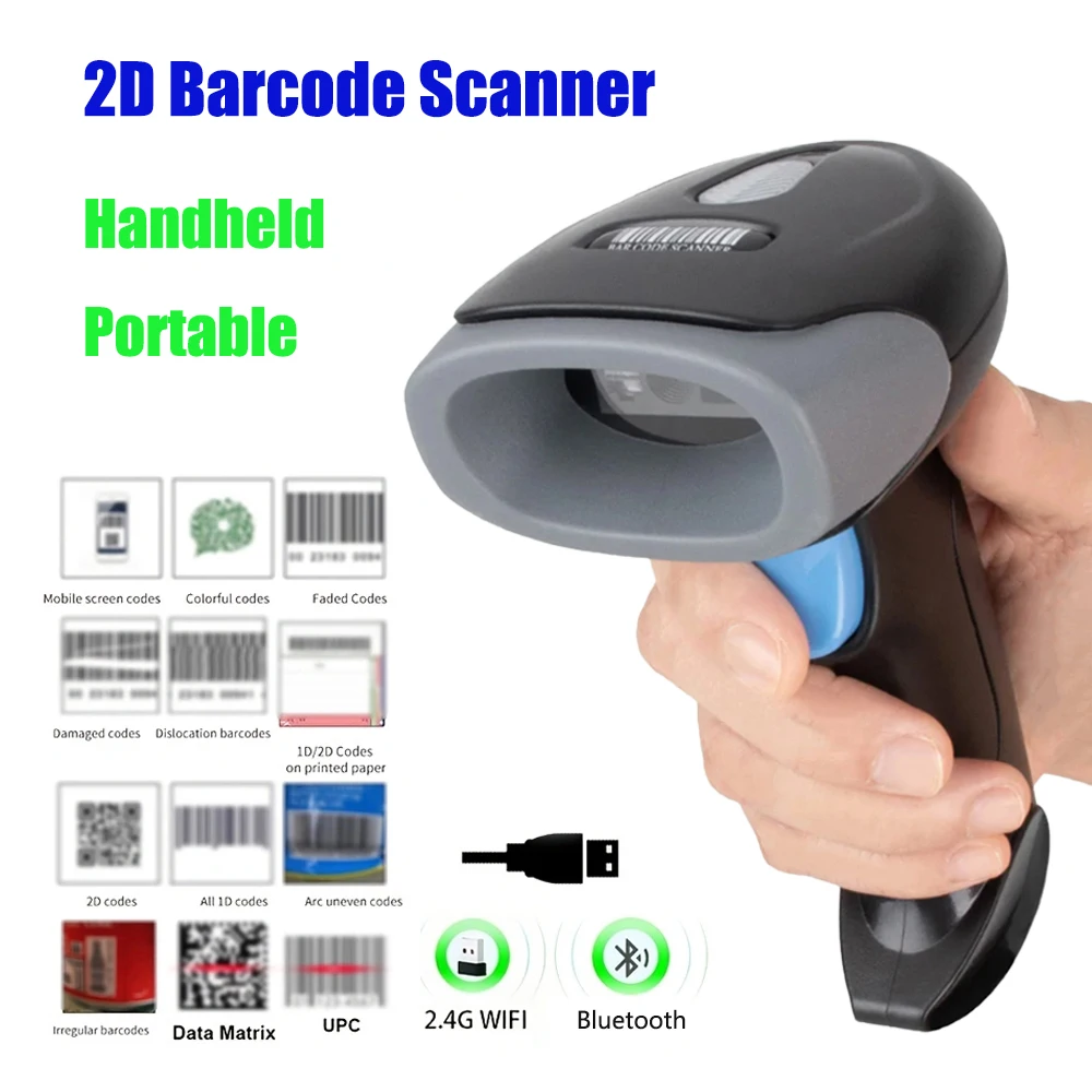 Bluetooth Wireless/Wired 2D Barcode Scanner Portable Handheld 1D/2D QR Code Reader Quick Identify Scan CMOS for Retail Warehouse