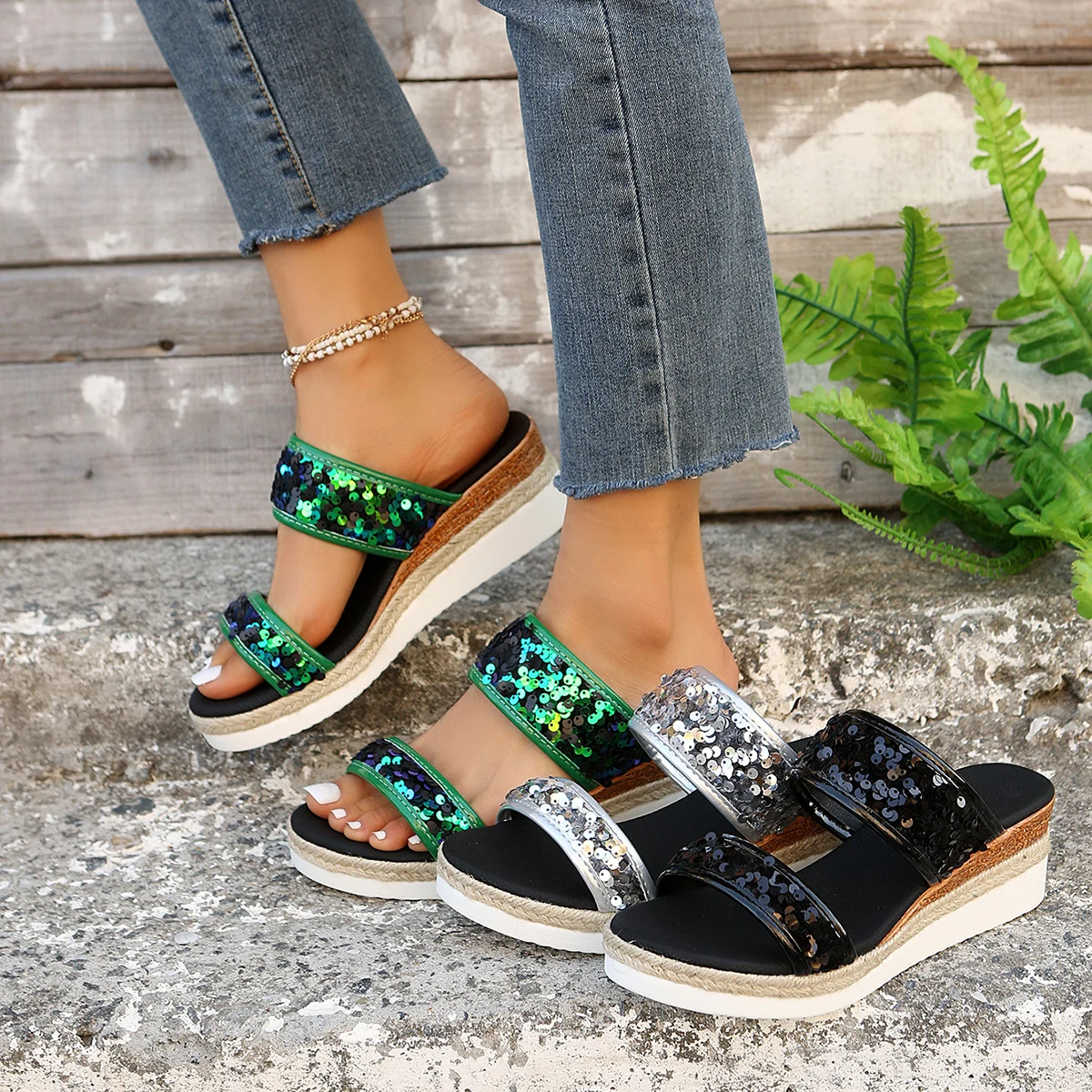 Green Glitter Wedge Sandals for Women Summer 2024 Beach Thick Platform Silver Slippers Shoes Woman Slip on Heels Sandalias 43