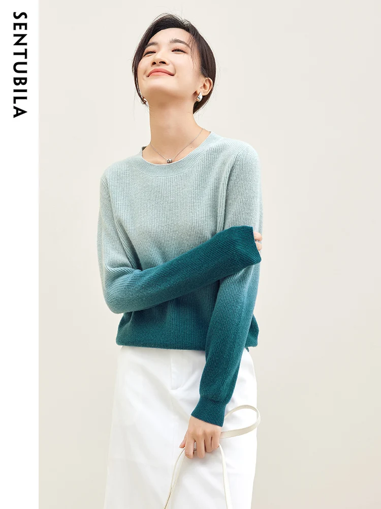 SENTUBILA Gradient Blue Wool Blend Winter Autumn Sweater Women 2024 Fashion Round Neck Long Sleeve Pullovers Knitwears Jumpers