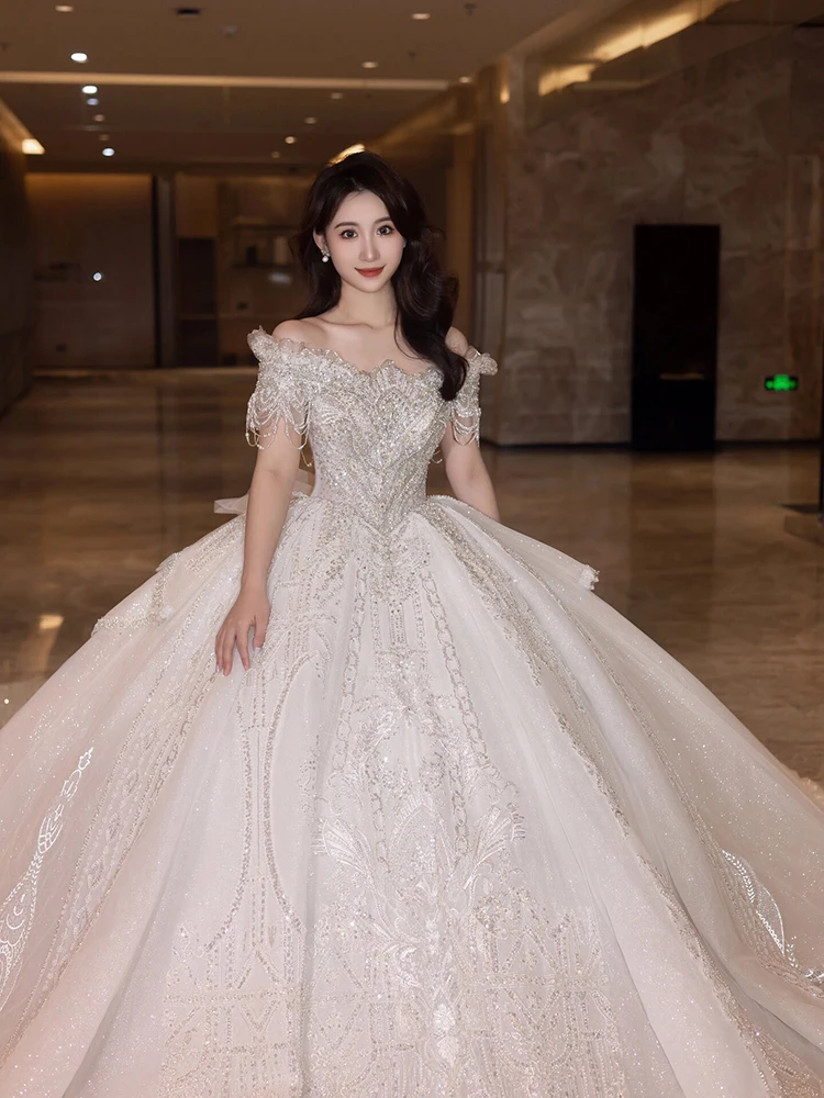 Vestido De Novia De lujo personalizado, hombros descubiertos con bordado De cuentas, vestidos De baile De princesa, novedad De 2024