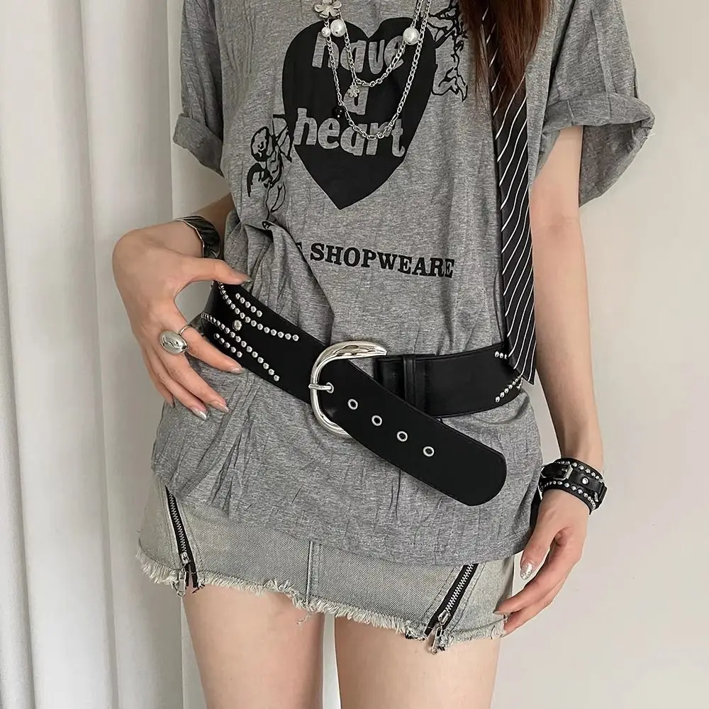 다목적 한국 여성 허리 벨트 Y2k 고딕 리벳 와이드 벨트 가죽 블랙 화이트 드레스 청바지 벨트 드레스 액세서리