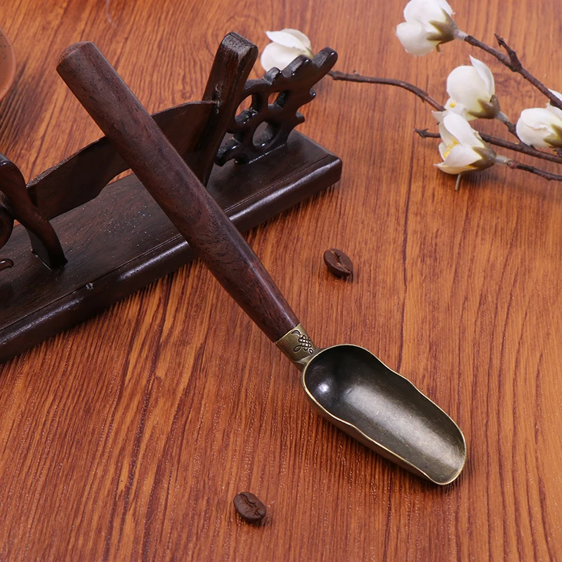 1Pc Wooden Handle Tea Shovel Tea Spoon Copper Ebony Coffee Scoops Tableware Teaspoons Easy Clean Anti Sprinkle Tea Spoon.