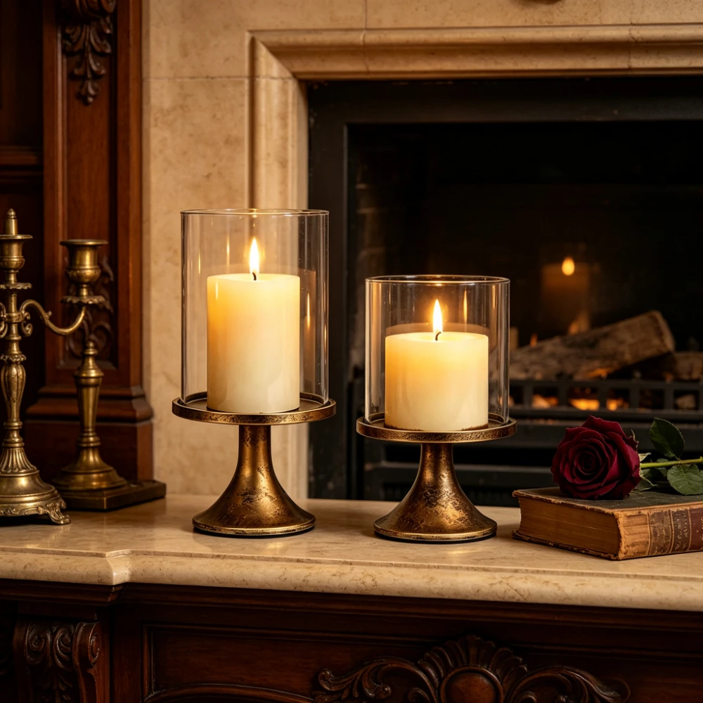 2Pcs Vintage Gold Metal Candle Holder with Clear Glass Shade Hurricane Candlestick European Style Wedding Home Decor