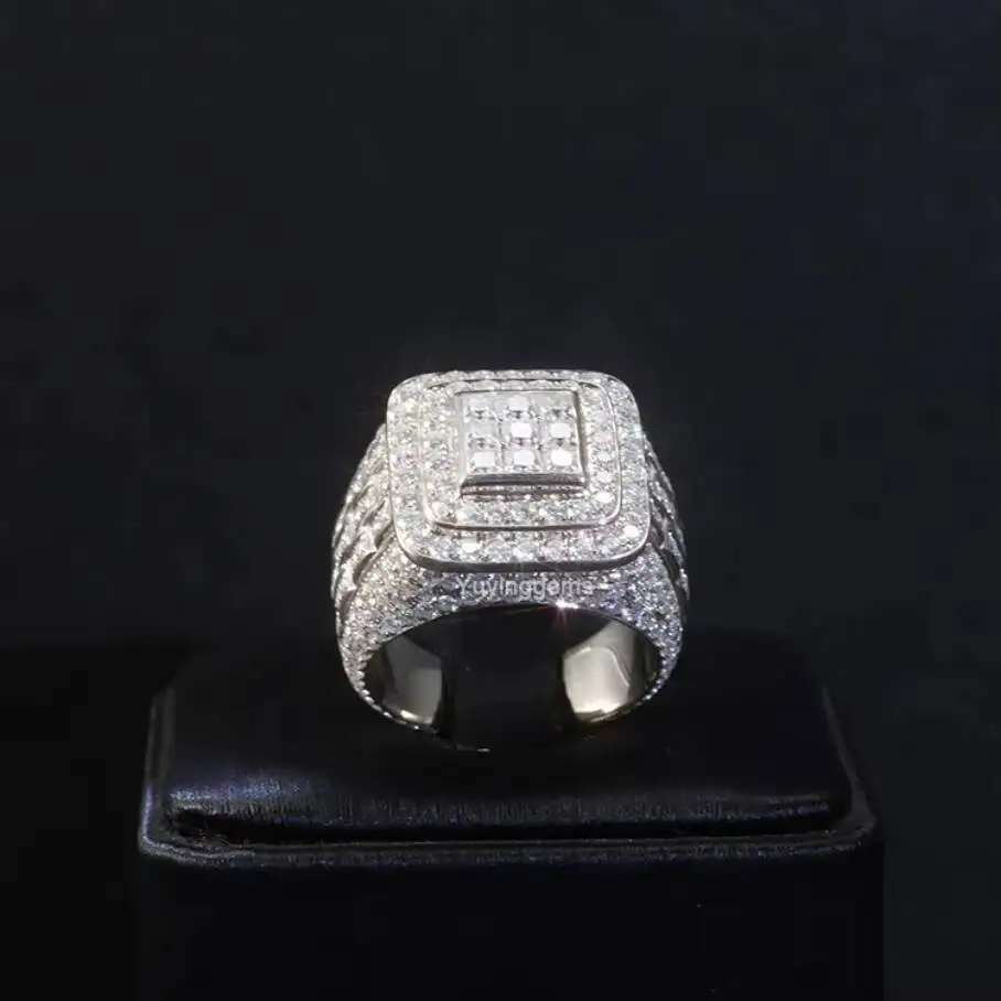 New Design Hndsome Square Shape VVS Moissanite Ring S925 Plated Solid Gold Cuban Band Rings