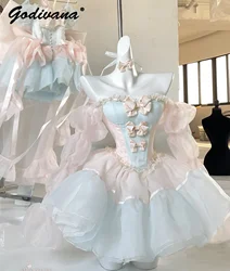 New Fairy Sweet Girl Princess Dress New Fashion Pink Blue Cute Bow Strapless Top Tutu Skirt Two-piece Set Women's Skirt Suits